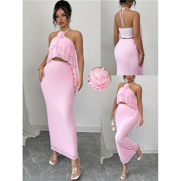 Variété Boutique Dresses & Skirts - Raffinéa Women's Strapless Floral Decor Ruffle Mesh Crop Top & Bodycon Skirt